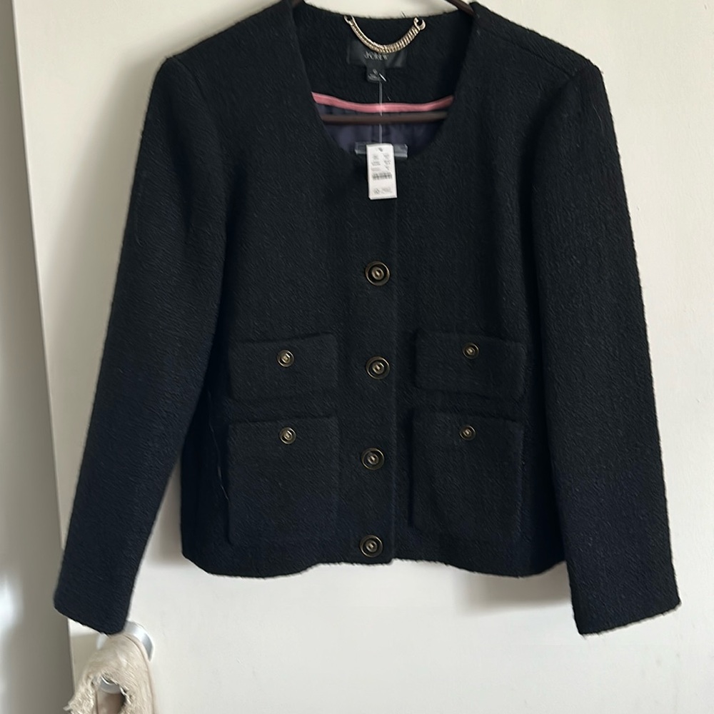 NWT J.Crew Lady Jacket in Black Maritime Tweed Collarless Wool Blend 6